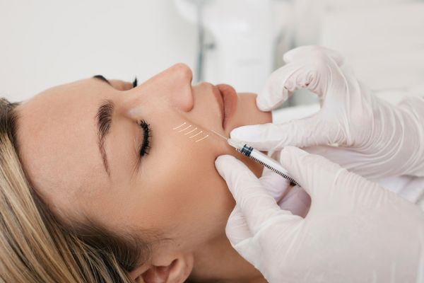 Close-up photo of a woman receiving dermal filler injections into her smile lines.